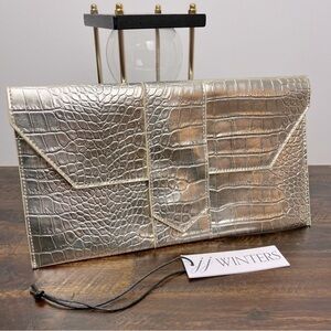 JJ Winters NIKKI Platinum Metallic Mock-Croc Leather Clutch Bag. NWT. Med #378